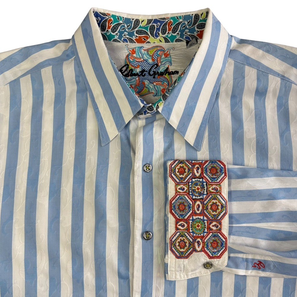 Robert Graham Bengal Stripe Shirt Mens 3XL Blue Long Sleeve Button Up Flip Cuff